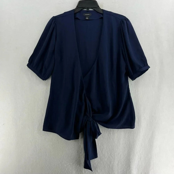 Halogen Wrap Blouse Women's Sz S Blue Side Tie Surplice Neckline Puff Sleeve - Picture 1 of 13